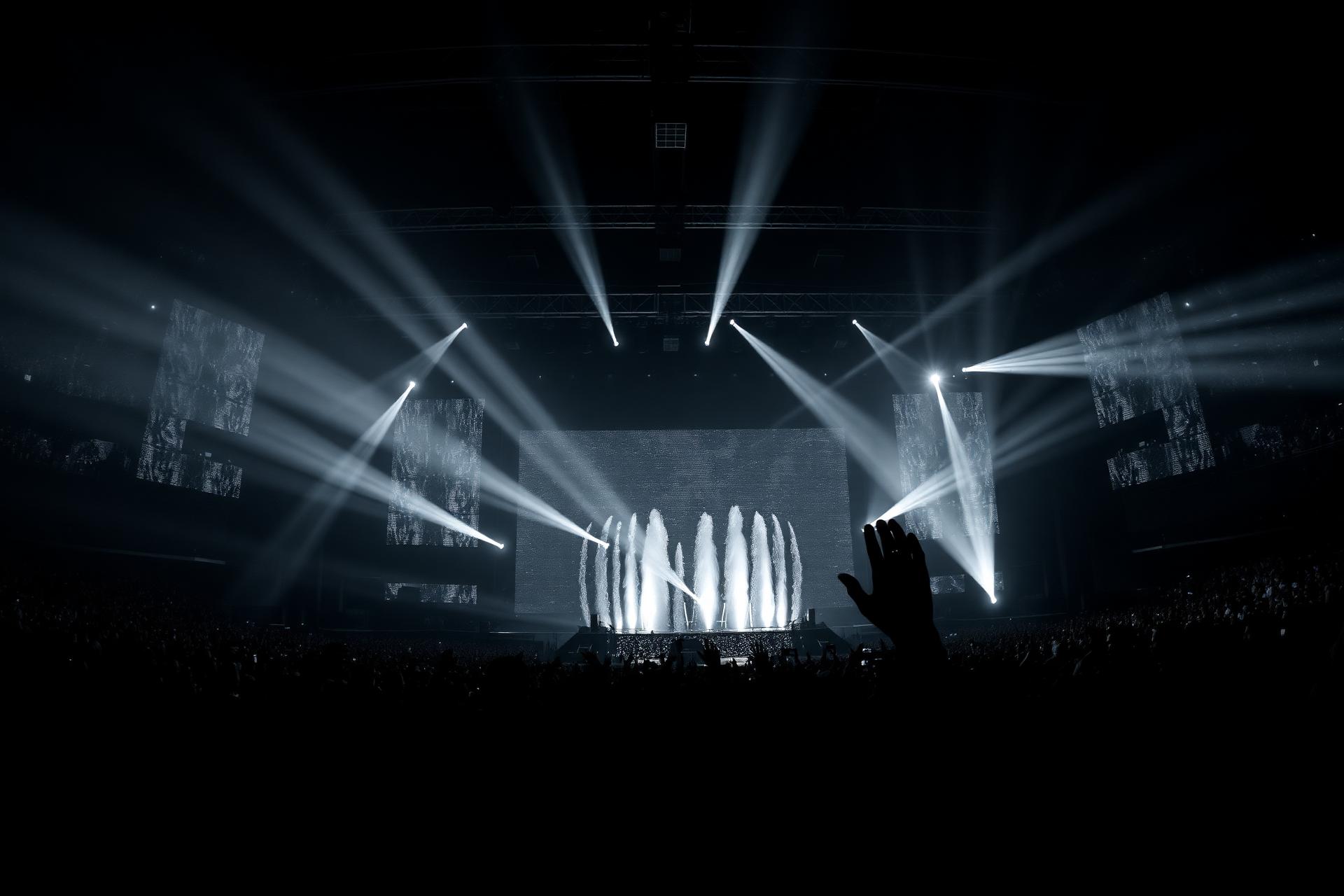Concert stage with dramatic lighting and sparkular effects